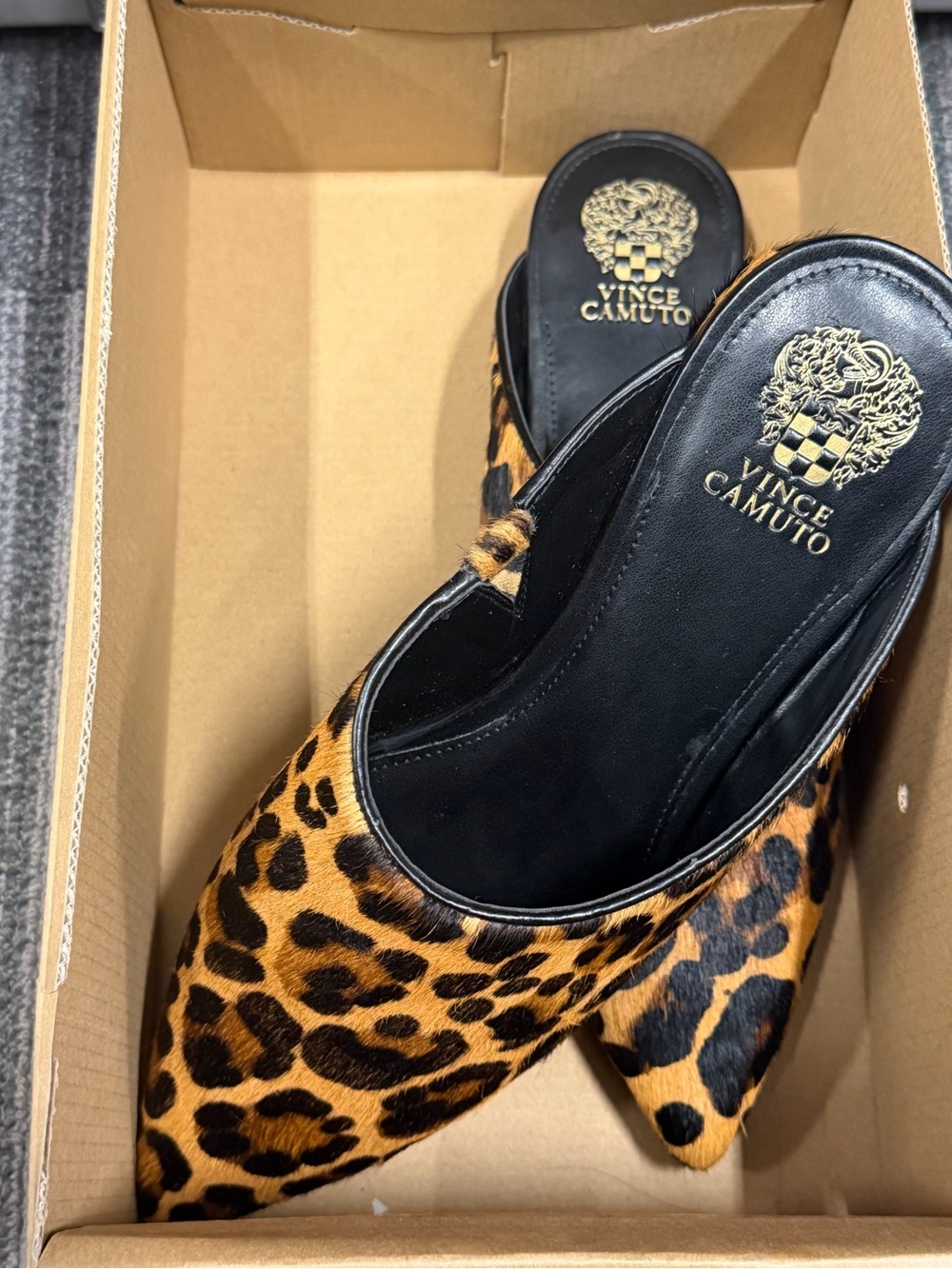 Vince Camuto Leopard Print Pointed Toe Flats in Black and Tan